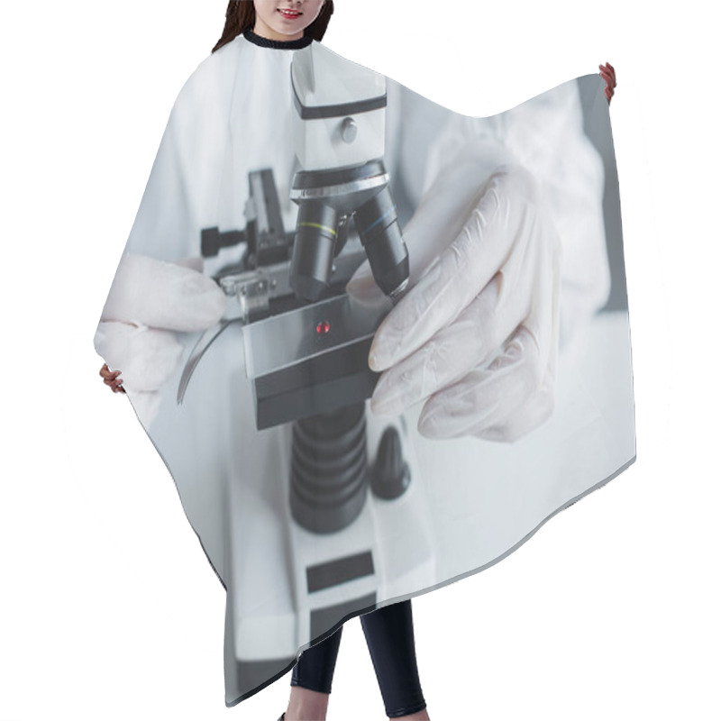 Personality  Cropped View Of Scientist In Latex Gloves Using Microscope In Lab  Hair Cutting Cape