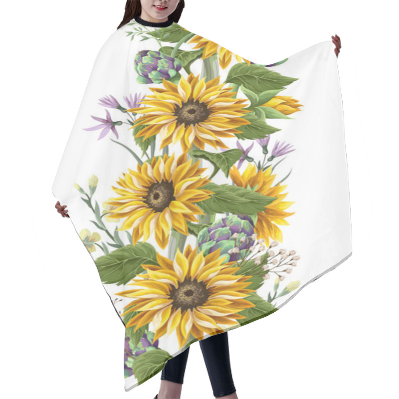 Personality  Border With Sunflowers Bouquet,.artichoke And Wild Flower. Vector Illustration. Hair Cutting Cape