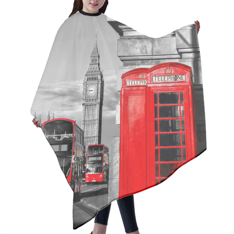 Personality  London Symbols With BIG BEN, DOUBLE DECKER BUS And Red PHONE BOOTHS In England, UK Hair Cutting Cape