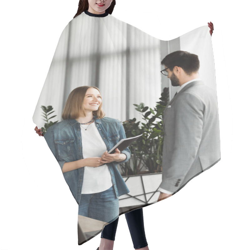 Personality  Smiling Job Seeker Holding Paper Folder Near Businessman During Interview In Office  Hair Cutting Cape