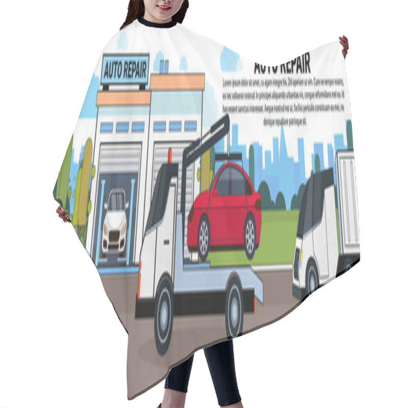 Personality  Truck Towing Car To Auto Repait Garage Horizontal Banner With Copy Space Hair Cutting Cape