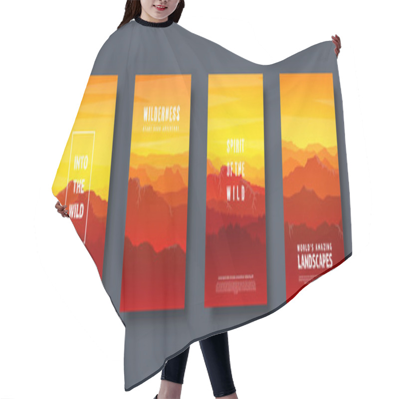 Personality  Mountains And Forest. Wild Nature Landscape. Travel And Adventure.Panorama. Into The Woods. Horizon Line.Trees,fog. Vector Illustration. Hair Cutting Cape