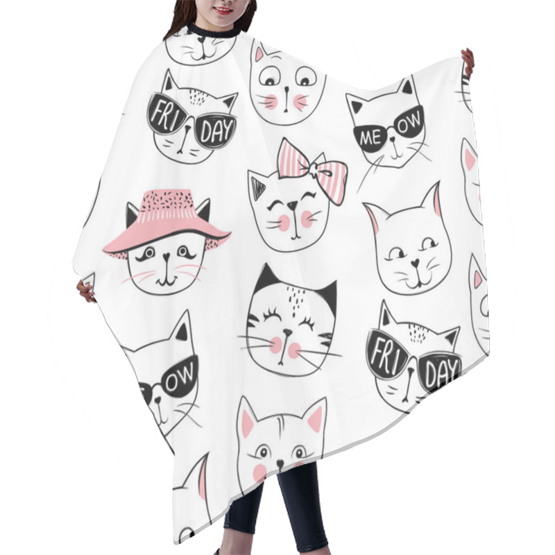 Personality  Vector Fashion Cat Seamless Pattern. Cute Kitten Illustration In Hair Cutting Cape