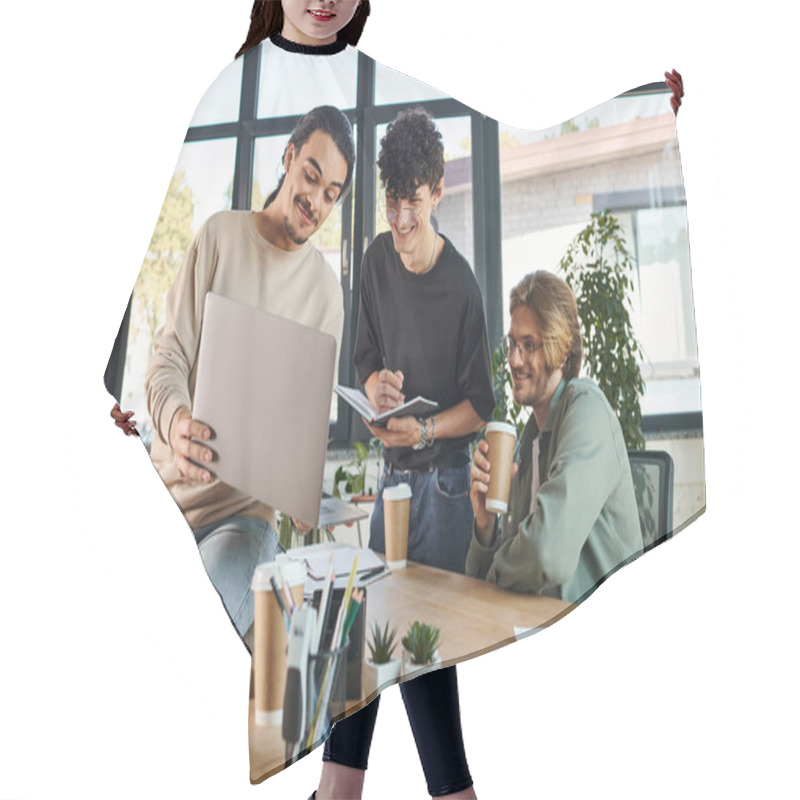 Personality  Young Man Presenting His Ideas While Holding Laptop And Talking To Startup Team During Brainstorming Hair Cutting Cape