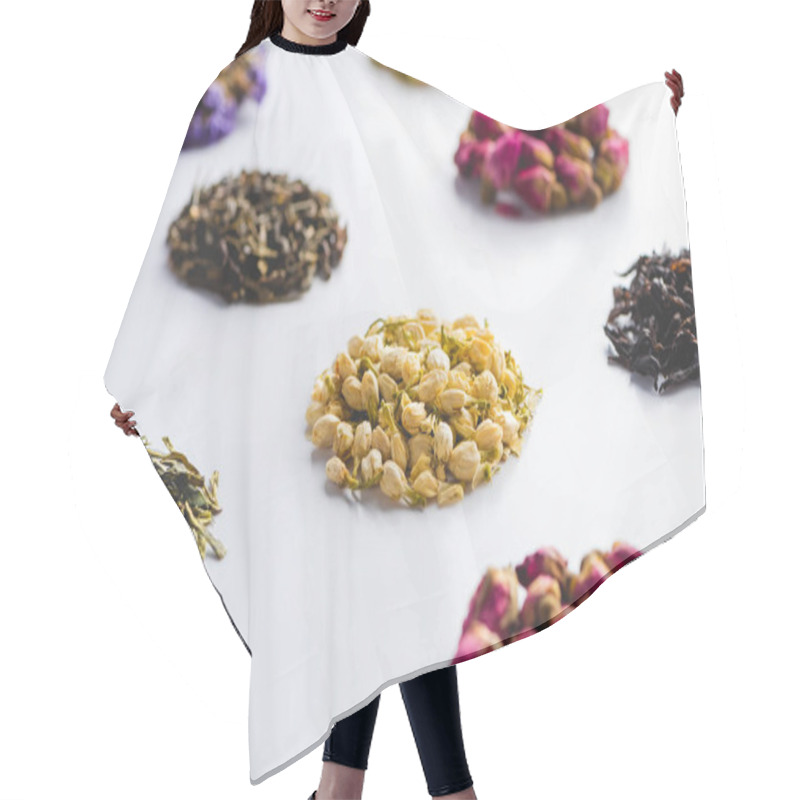 Personality  Collection Of Dried Herbal Healthy Tea On White Surface Hair Cutting Cape