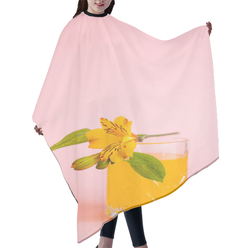 Personality  Yellow Peruvian Lily On Glass With Fresh Citrus Tonic On Pink Background Hair Cutting Cape