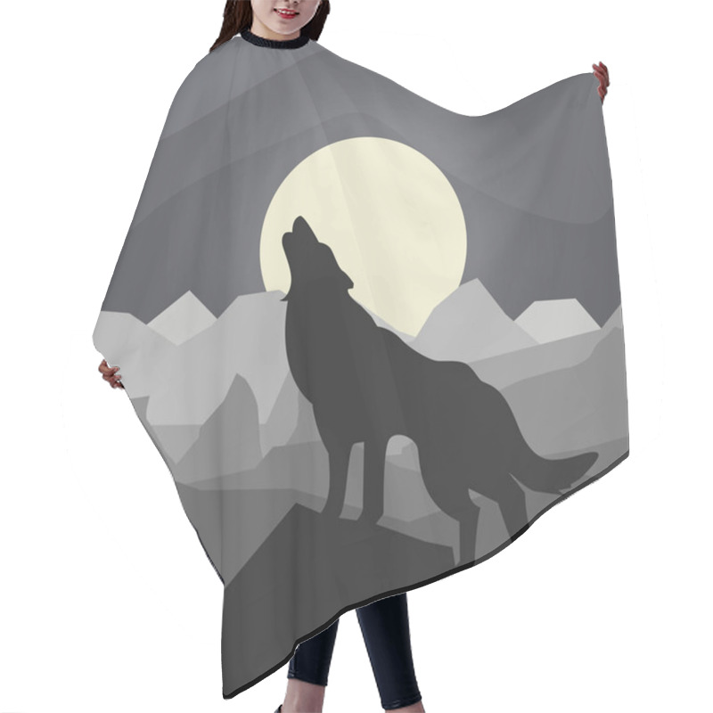 Personality  Wolf Howls To The Moon Against The Background Of Gray Mountains. Hair Cutting Cape