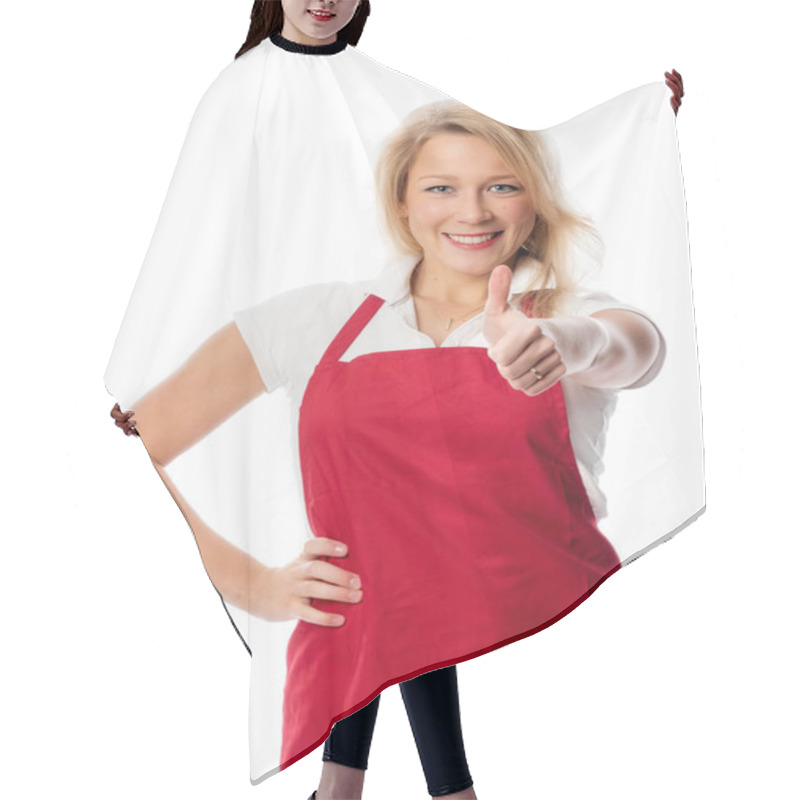 Personality  Woman With Red Apron Showing Thumbs Up Hair Cutting Cape