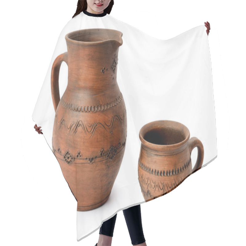 Personality  Clay Jug And Mug Isolated On White Background Hair Cutting Cape