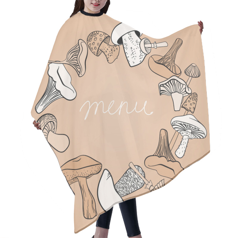 Personality  Frame Of Different Hand Drawn Mushrooms In Pastel Brown Tones. Can Be Used Us Restaurant Menu Design. Hair Cutting Cape