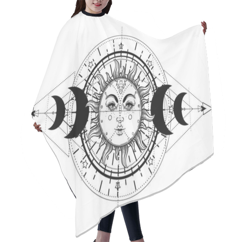 Personality  Sun And Triple Moon Pagan Wicca Moon Goddess Symbol. Three Faced Goddess, Maiden, Mother, Crone Isolated Vector Illustration. Tattoo, Astrology, Alchemy, Boho And Magic Symbol. Coloring Book.. Hair Cutting Cape