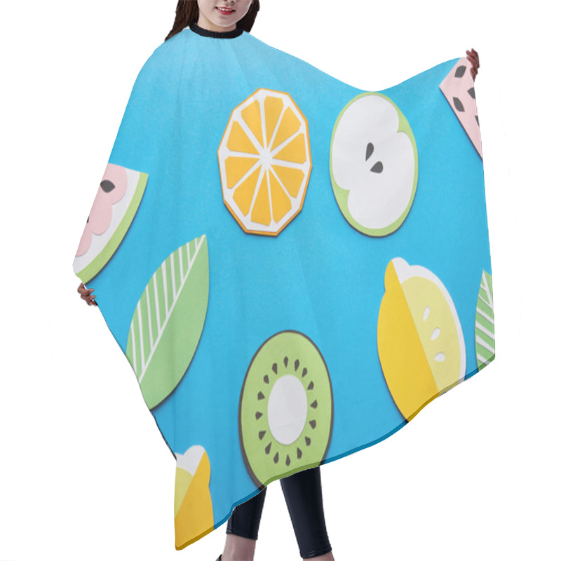 Personality  Top View Of Paper Cut Lemons, Leaves, Oranges, Kiwi And Watermelons On Blue Background Hair Cutting Cape