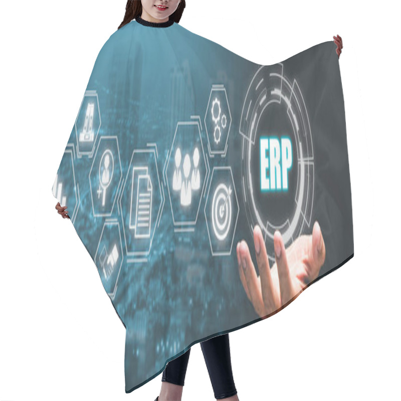 Personality  Enterprise Resource Planning ERP, Document Management Concept With Icons On Virtual Screen, Businessman Hand Holding ERP Icons, Customers, HR, Production, Logistics, Financials And Marketing. Hair Cutting Cape