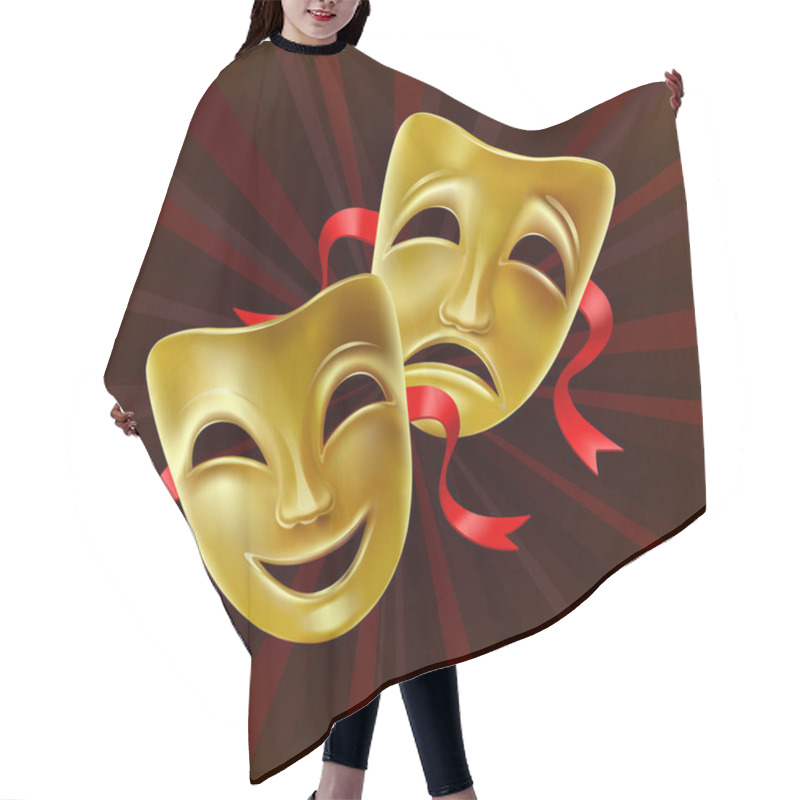 Personality  Theater Masks On A Red Background. Golden Masks. Theater Scene. Mesh. Clipping Mask Hair Cutting Cape