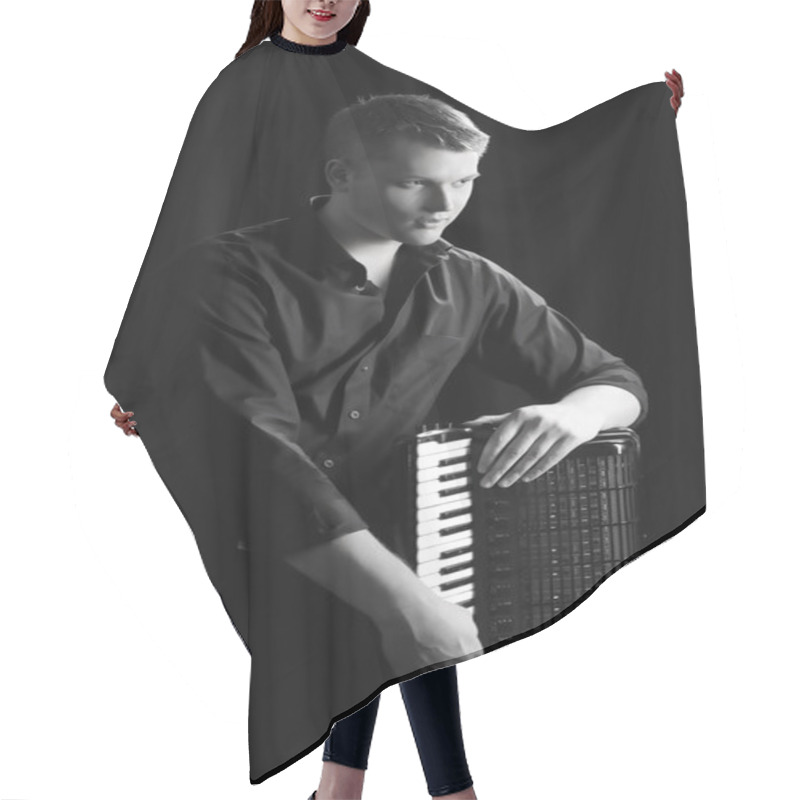 Personality  Musician Plays The Accordion Against A Dark Background Hair Cutting Cape