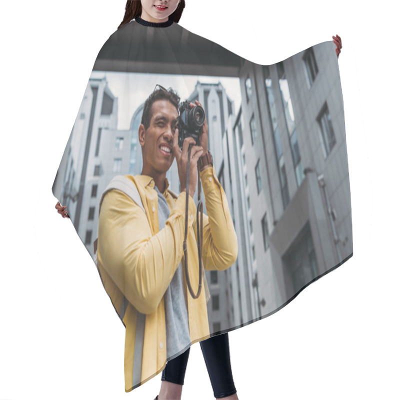 Personality  Bi-racial Man Taking Photo On Digital Camera Near Buildings Hair Cutting Cape