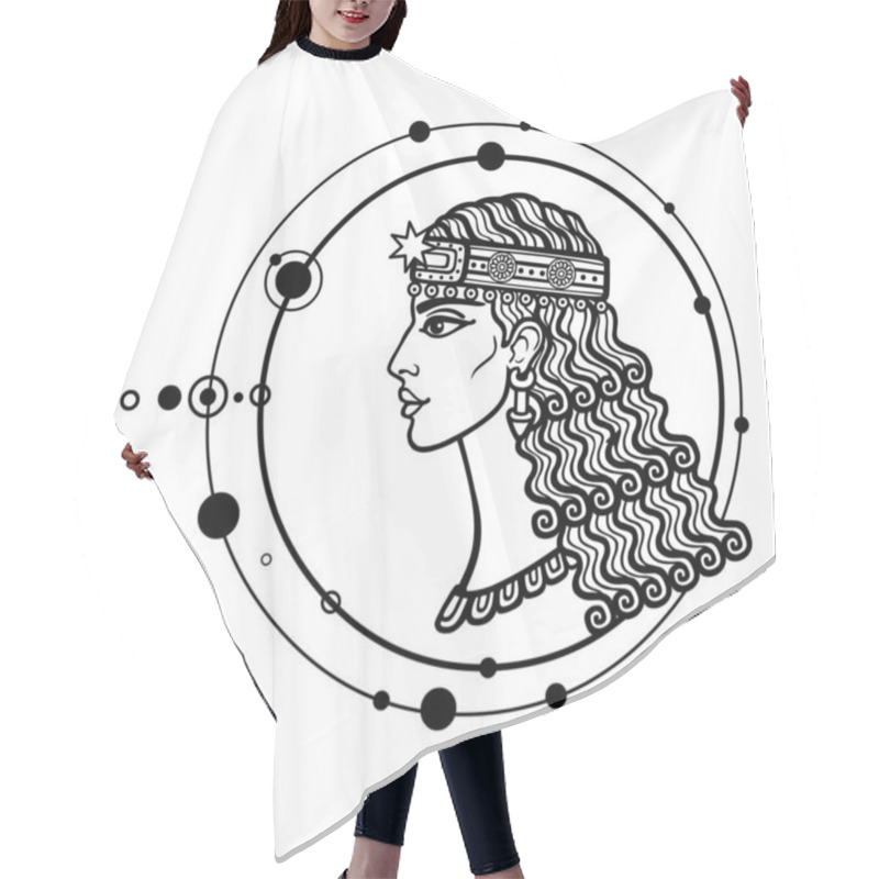 Personality  Cartoon Drawing: Beautiful Woman, Character In Assyrian Mythology. Ishtar, Astarta, Inanna. Profile View. Orbits Of Planets, Space Symbols. Vector Illustration Isolated On A White Background. Hair Cutting Cape