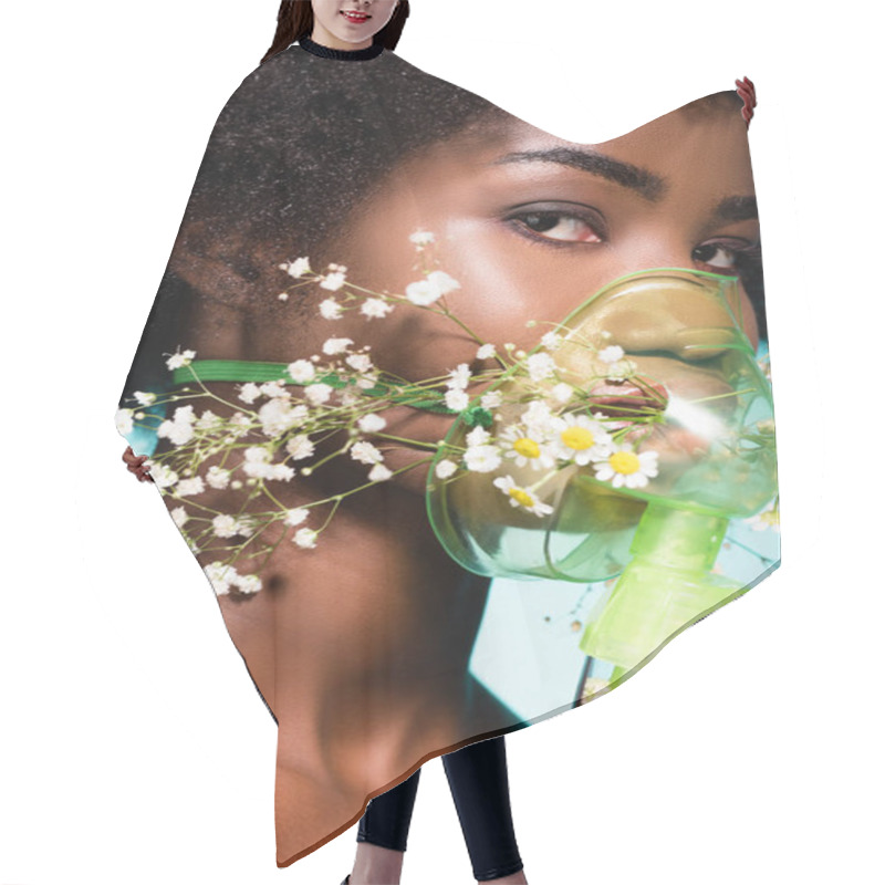 Personality  African American Young Woman With Flowers In Inhaler Isolated On Blue Background Hair Cutting Cape