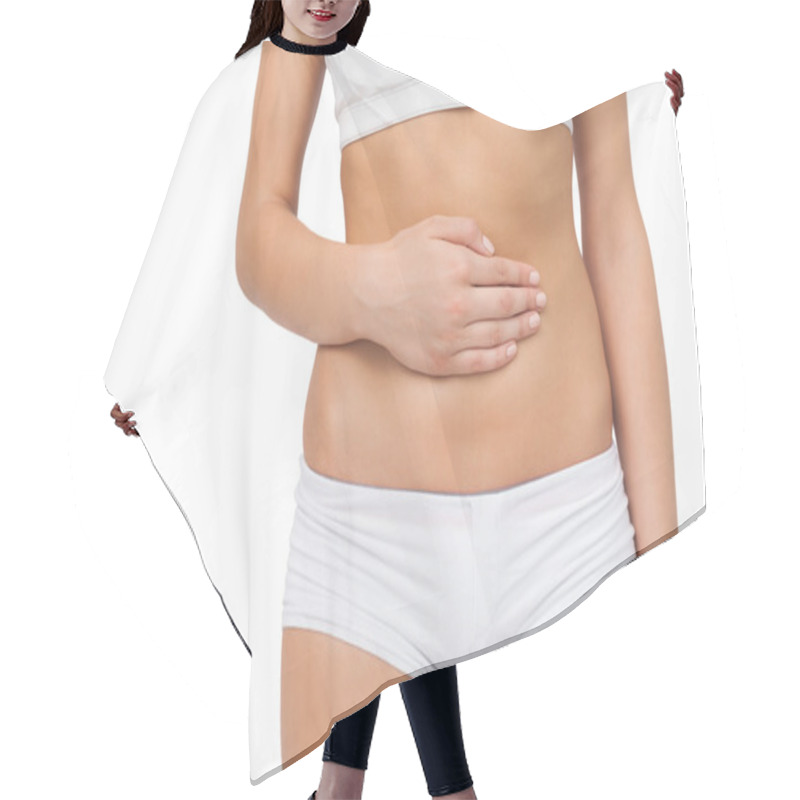 Personality  Mid Section Of Slim Woman Touching Her Belly With One Hand Hair Cutting Cape