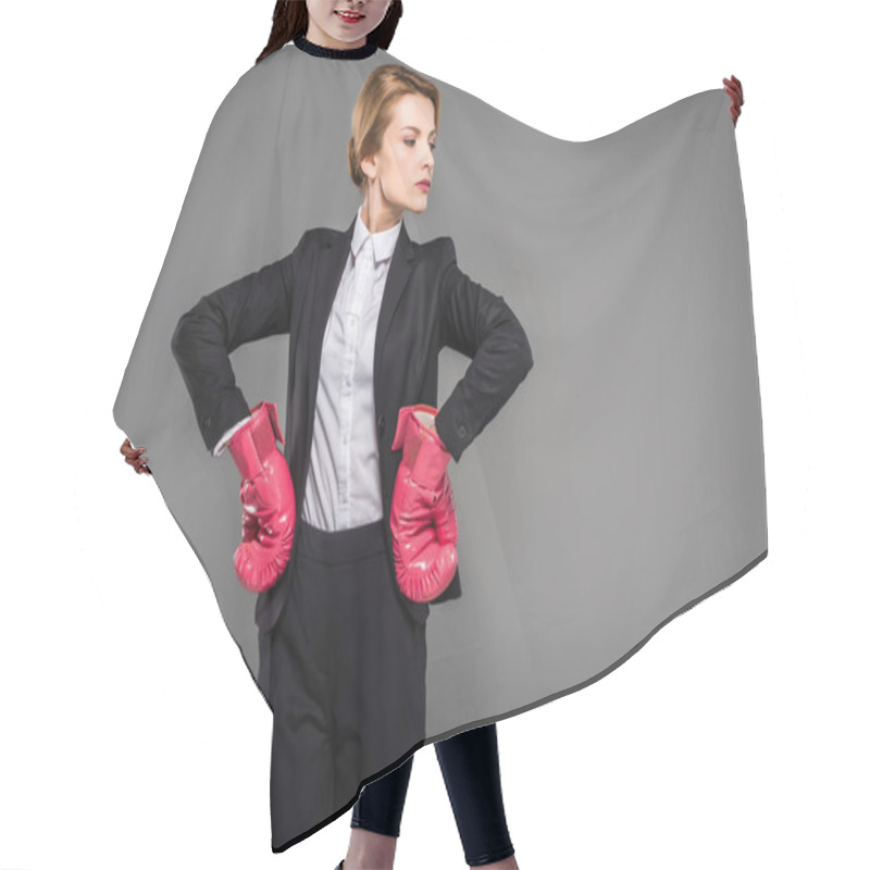 Personality  Strong Businesswoman Posing In Suit And Pink Boxing Gloves, Isolated On Grey Hair Cutting Cape