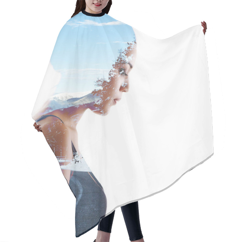 Personality  Double Exposure Beauty Portrait Of Young Mulatto Woman In Profil Hair Cutting Cape