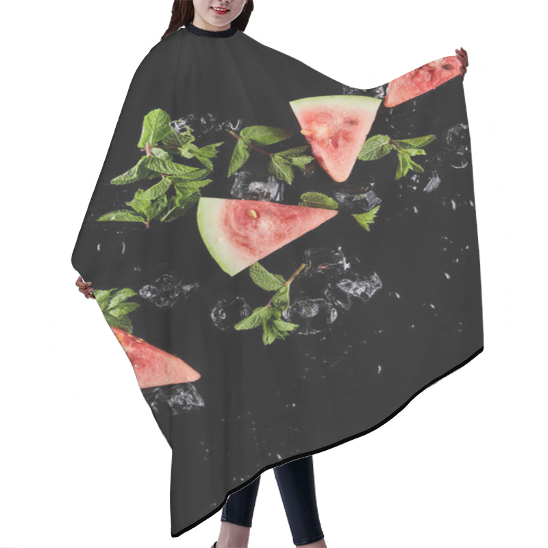 Personality  Top View Of Red Watermelon Slices With Mint And Ice Isolated On Black Hair Cutting Cape