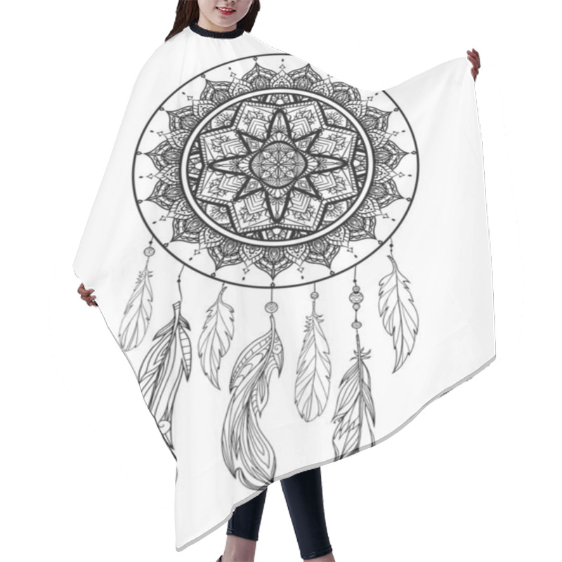 Personality  Mystical Illustration Of A Dreamcatcher With A Boho Tracery Pattern, Feathers With Beads On A White Background. Vector Magic Tribal Card For Coloring Pages And Your Creativity. Hair Cutting Cape