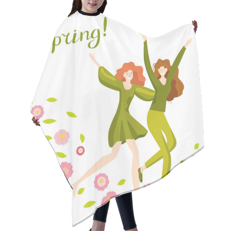 Personality  Two Happy Girls Run On Spring Meadow With Flowers. Lettering Spring.  Hair Cutting Cape