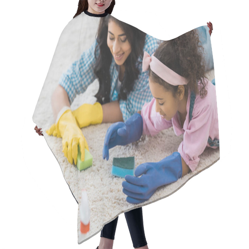 Personality  Pretty African American Woman With Adorable Daughter Cleaning Carpet With Sponges Hair Cutting Cape