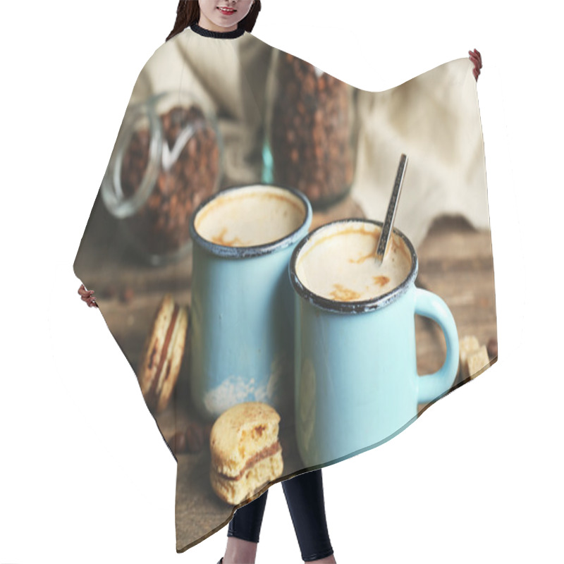 Personality  Beautiful Composition With Tasty Cappuccino On Wooden Table Hair Cutting Cape