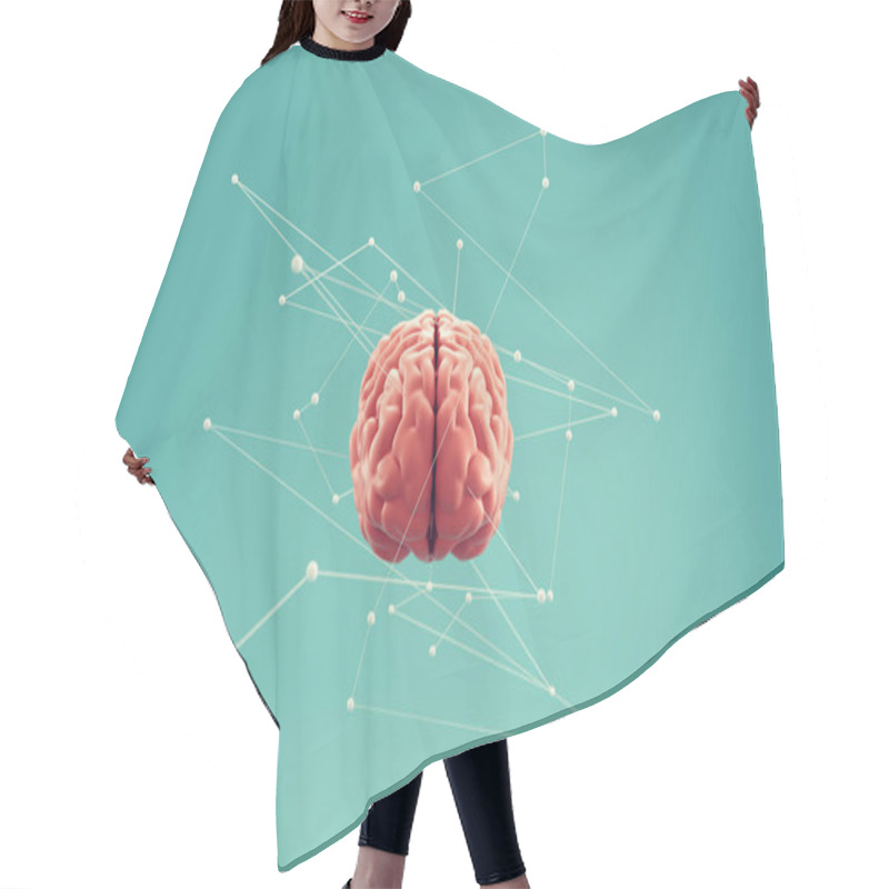 Personality  Human Brain With Dots And Lines Around It . Brainstorming And Artificial Intelligence Concept . This Is A 3d Render Illustration. Hair Cutting Cape