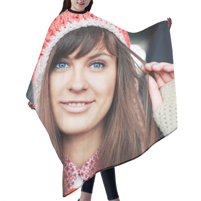 Personality  Girl In Warm Hat. Hair Cutting Cape