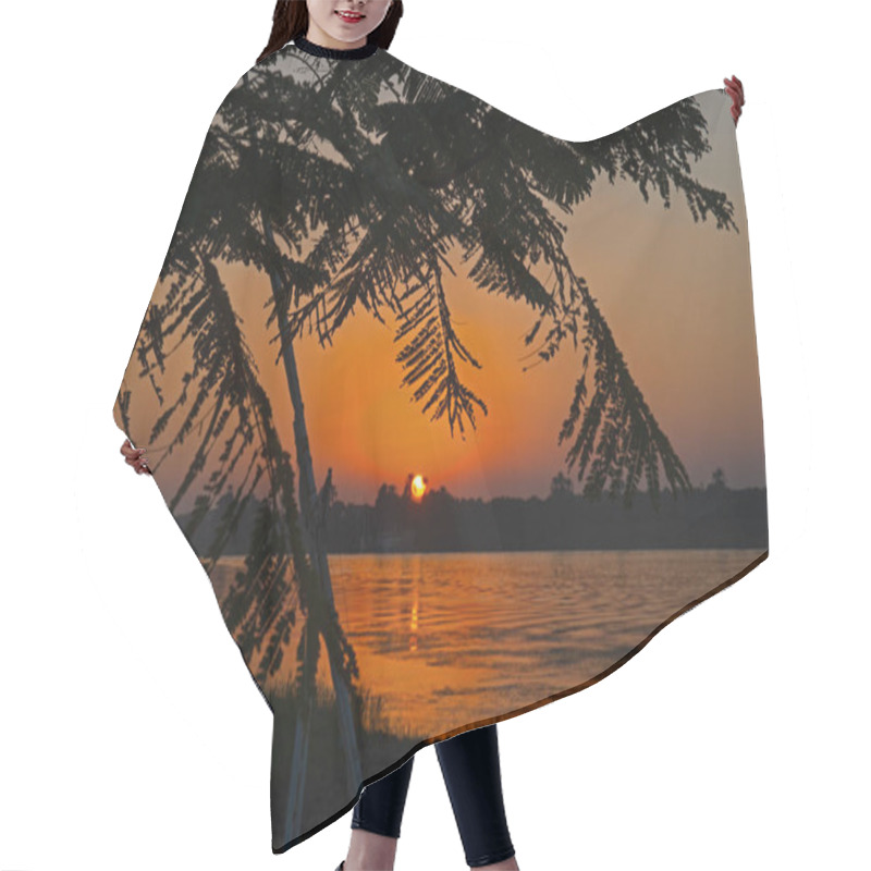 Personality  View Across Large Wide River Nile In Egypt Through Rural Countryside Tree Landscape With Beautiful Orange Sunset Hair Cutting Cape