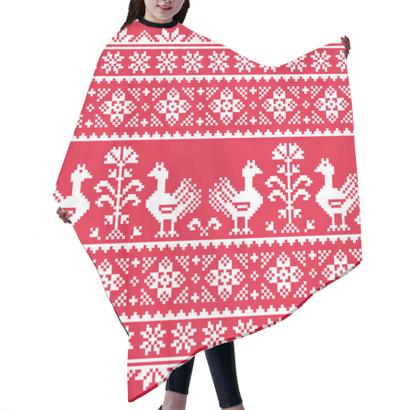 Personality  Ukrainian Slavic Folk Art Knitted Red Emboidery Pattern With Birds Hair Cutting Cape