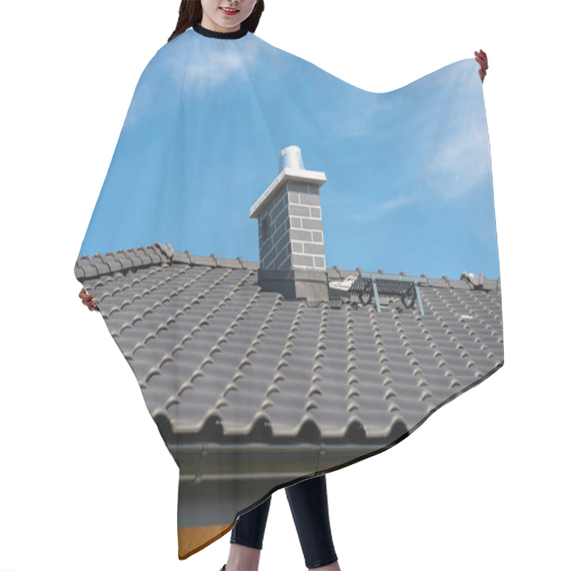 Personality  The Roof Of A Single-family House Covered With A New Ceramic Tile In Anthracite Against The Blue Sky. Vsible System Chimney Covered With Tiles. Hair Cutting Cape