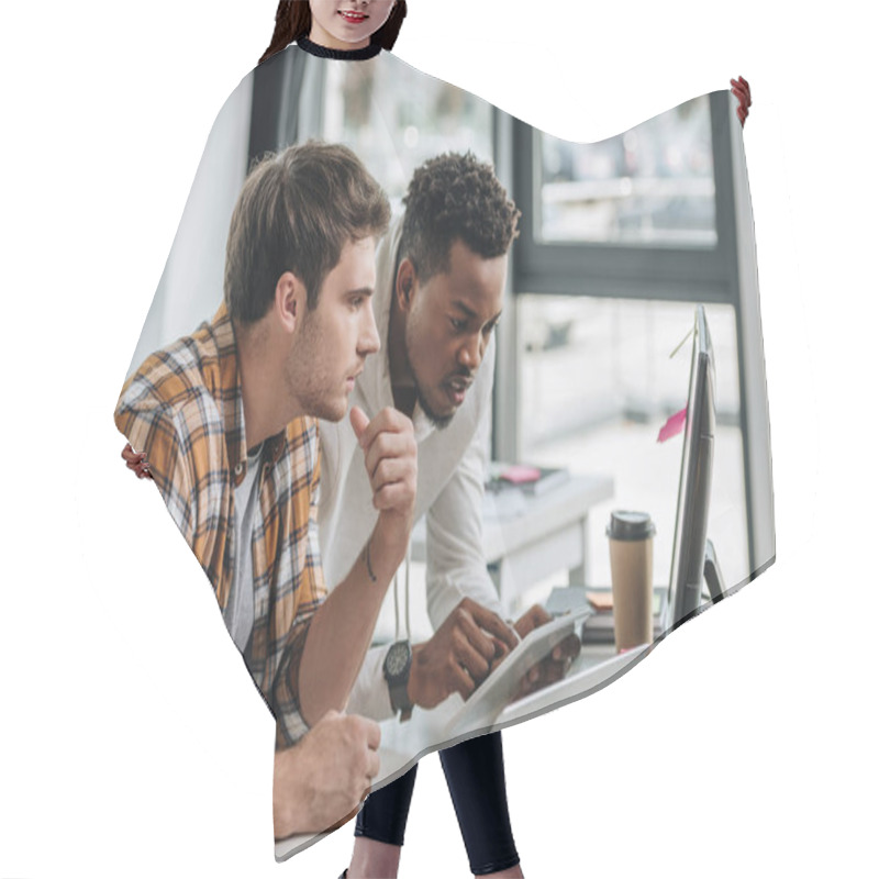 Personality  African American Programmer Using Digital Tablet While Working With Colleague In Office Hair Cutting Cape