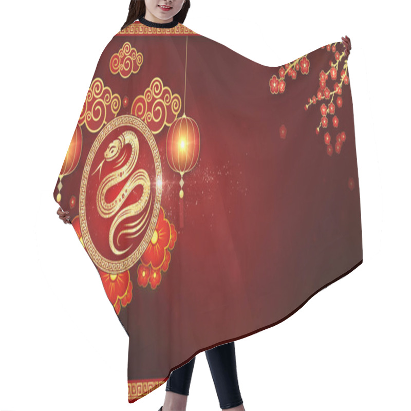 Personality  Festive 2025 Year Of The Snake Design With Red Lanterns, Floral Accents, And Traditional Chinese Patterns On Deep Red Background. Celebration Of Chinese New Year The Year Of The Snake 3d Rendering Hair Cutting Cape