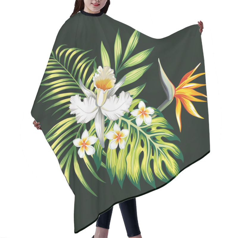 Personality  Exotic Trendy Composition From Tropical Flowers Lily, Plumeria, Bird Of Paradise And Palm Leaves, Monstera On The Black Background Hair Cutting Cape