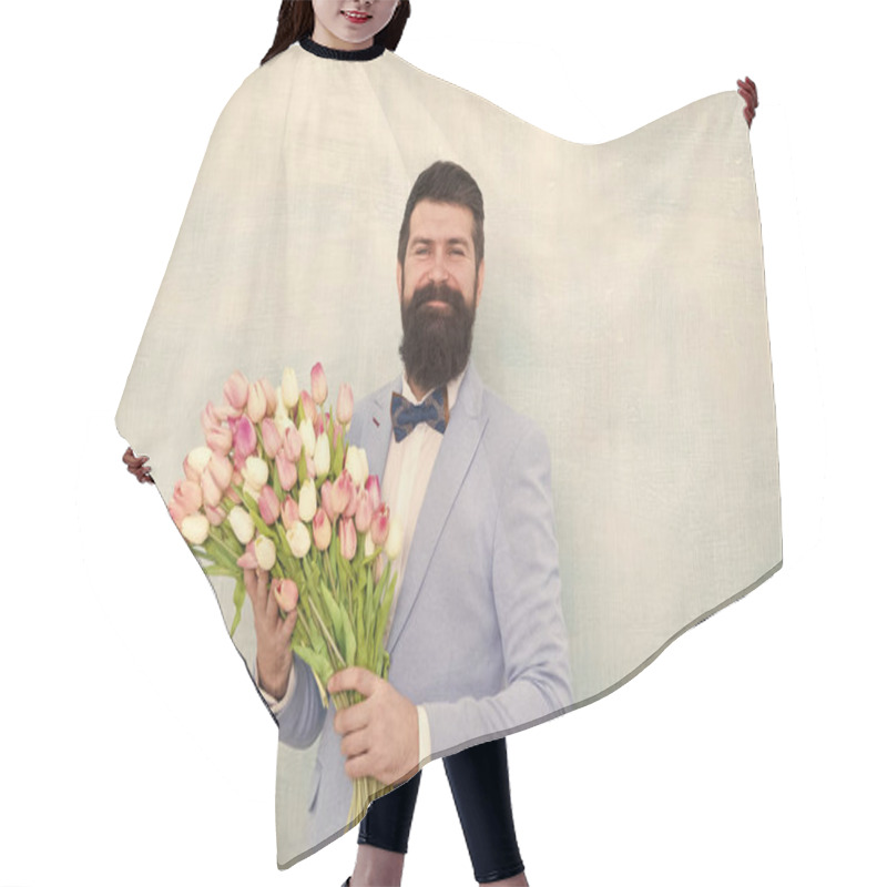 Personality  Bearded Man In Bow Tie With Tulip Flowers. Bride Groom At Wedding Party. Spring Bouquet. 8 Of March. Love Date With Flowers. Happy Birthday. Womens Day. Formal Mature Businessman. Forever Young Hair Cutting Cape