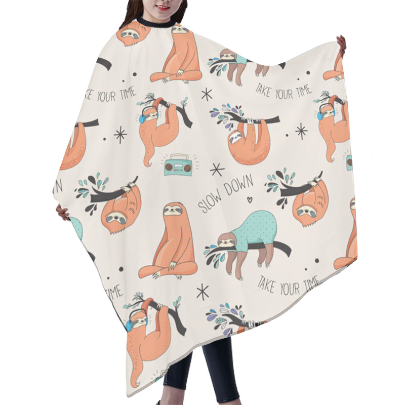 Personality  Cute Hand Drawn Sloths Illustrations, Seamless Pattern Hair Cutting Cape