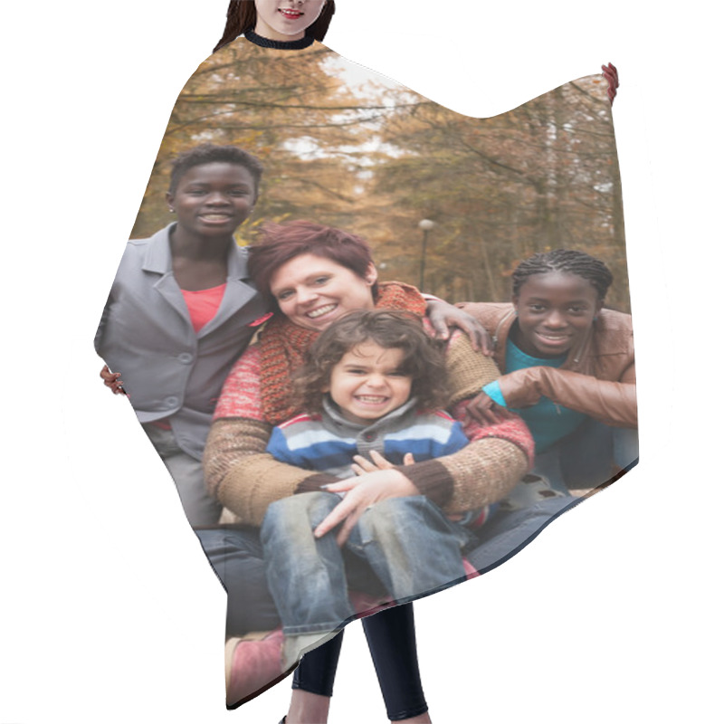 Personality  Multiracial Family In The Autumn Hair Cutting Cape