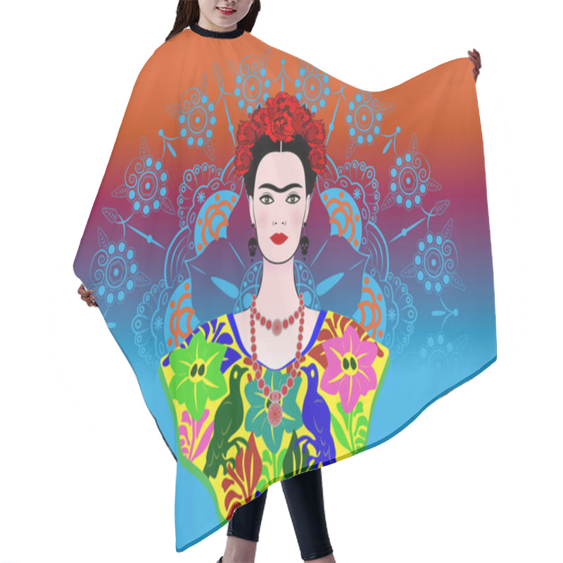 Personality  Frida Kahlo Vector Portrait , Young Beautiful Mexican Woman With A Traditional Hairstyle. Crown Of Red Flowers, Mexican Crafts Jewelry And Dress, Vector Decorated Mandala Background  Hair Cutting Cape