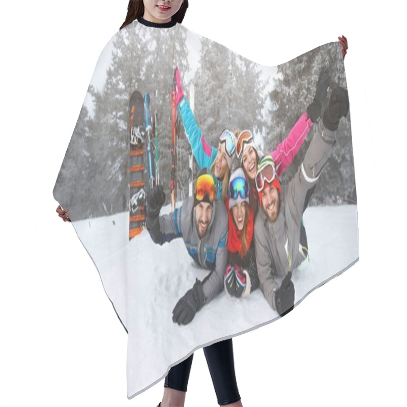 Personality  Happy Group Of Skiers Lying On Snow Hair Cutting Cape