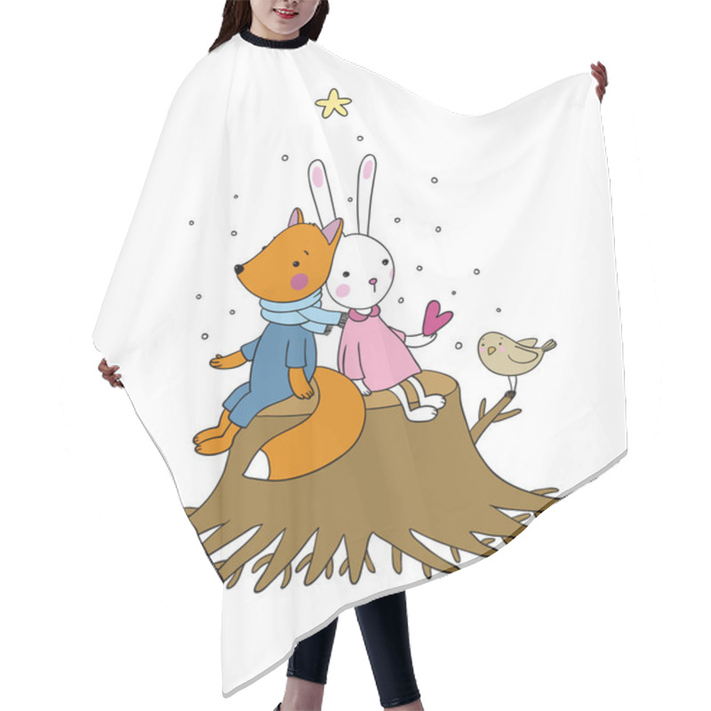 Personality  Fox, Rabbit And Bird Sitting On A Tree Stump. Hair Cutting Cape