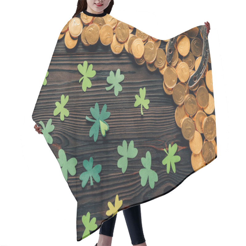 Personality  Top View Of Shamrock, Golden Coins And Horseshoe On Wooden Table, St Patricks Day Concept Hair Cutting Cape