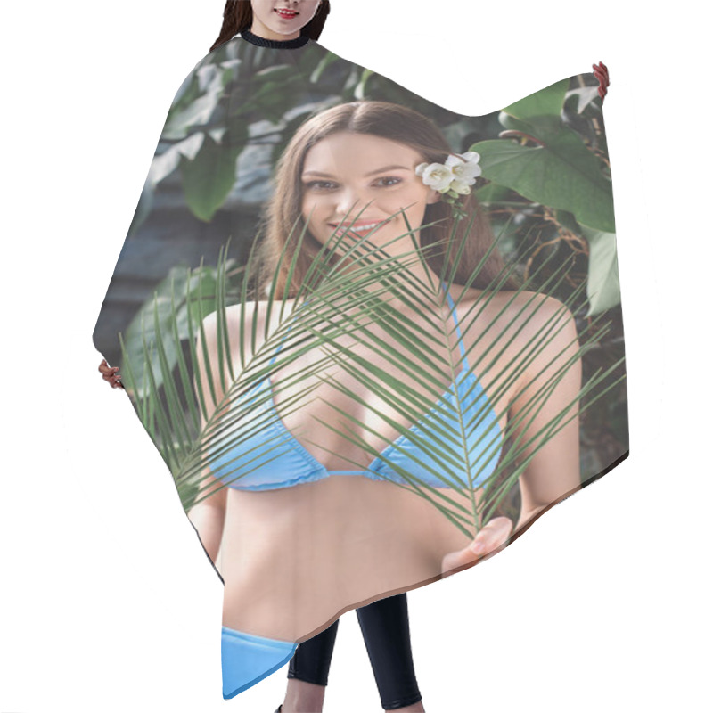 Personality  Beautiful Smiling Girl In Blue Bikini Posing With Palm Leaves On Tropical Resort Hair Cutting Cape