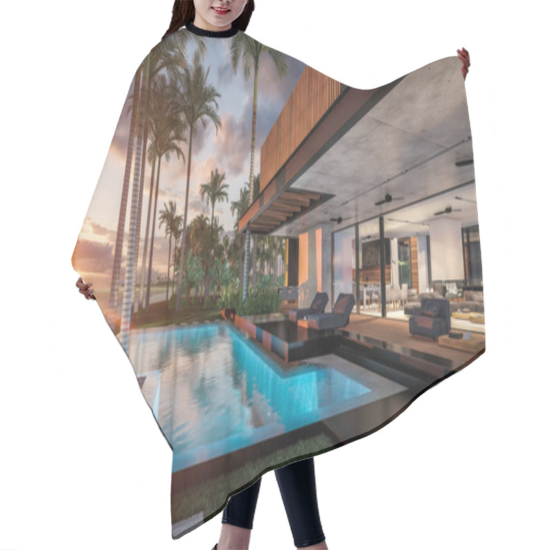 Personality  3d Rendering Of Modern Cozy House With Parking And Pool For Sale Or Rent With Wood Plank Facade By The Sea Or Ocean. Sunset Evening By The Azure Coast With Palm Trees And Flowers In Tropical Island Hair Cutting Cape