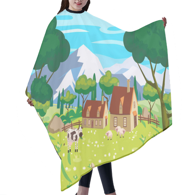 Personality  Rural Landscape Farm Scenery View, Mountaines, Green Meadow, Flowers, Trees. Countryside Nature, Cow, Sheeps, Buildings. Vector Illustration Hair Cutting Cape