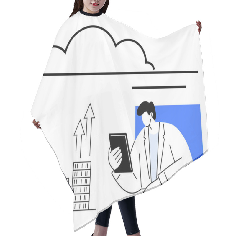 Personality  Professional Uses A Tablet To Assess Data Trends. Cloud Icon, Bar Chart With Upward Arrows. Ideal For Technology, Cloud Computing, Business Analysis, Data Management, Innovation, Growth Abstract Hair Cutting Cape