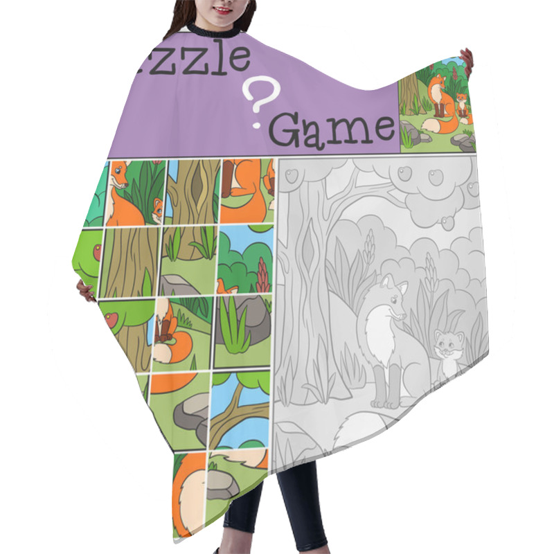 Personality  Education Games For Kids. Puzzle. Mother Fox With Her Little Cute Baby Fox In The Forest.  Hair Cutting Cape